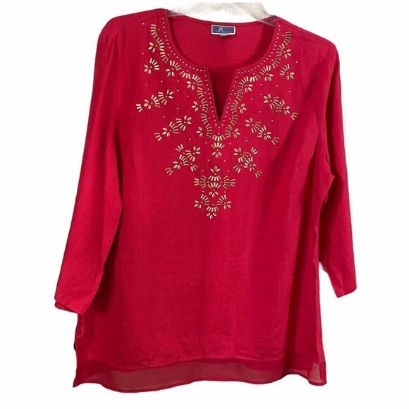 JM Collection Red/Orange Linen Tunic Top Size XL - Picture 1 of 6